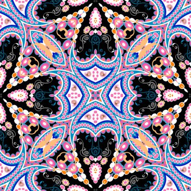 Renkli etnik vektör Paisley pürüzsüz desen. Süslü, soyut halk arkaplanı. Dekoratif kabile dekorasyonunu tekrarla. Çiçekli dantel süsler. Geometrik şekiller, çizgiler, desenli çiçekler, yapraklar.