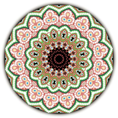 Renkli etnik vektör Paisley mandala deseni. Süslü, soyut halk arkaplanı. Dekoratif kabile arka planını tekrarla. Çiçekli yuvarlak süs. Geometrik şekiller, çizgiler, desenli çiçekler, daireler, çerçeve.
