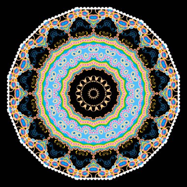 Renkli etnik vektör Paisley mandala deseni. Süslü, soyut halk arkaplanı. Dekoratif kabile arka planını tekrarla. Çiçekli yuvarlak süs. Geometrik şekiller, çizgiler, desenli çiçekler, daireler, çerçeve.