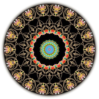 Renkli etnik vektör Paisley mandala deseni. Süslü, soyut halk arkaplanı. Dekoratif vintage arkaplanı tekrarla. Çiçekli yuvarlak süs. Geometrik şekiller, girdap çizgileri, çiçekler, daireler, çerçeve.