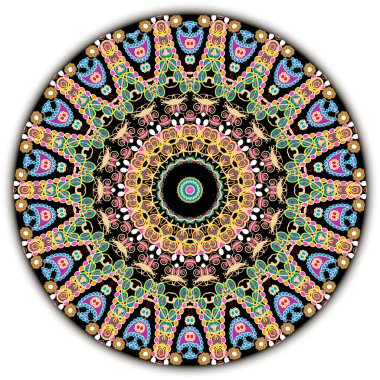 Renkli etnik vektör Paisley mandala deseni. Süslü, soyut halk arkaplanı. Dekoratif kabile arka planını tekrarla. Çiçekli yuvarlak süs. Geometrik şekiller, çizgiler, desenli çiçekler, daireler, çerçeve.
