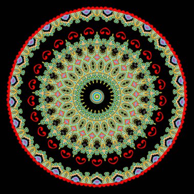 Renkli etnik vektör Paisley mandala deseni. Süslü, soyut halk arkaplanı. Dekoratif kabile arka planını tekrarla. Çiçekli yuvarlak süs. Geometrik şekiller, çizgiler, desenli çiçekler, daireler, çerçeve.