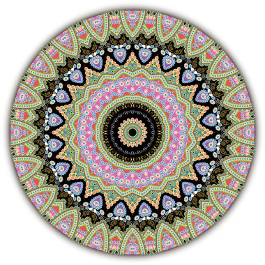 Renkli etnik vektör Paisley mandala deseni. Süslü, soyut halk arkaplanı. Dekoratif kabile arka planını tekrarla. Çiçekli yuvarlak süs. Geometrik şekiller, çizgiler, desenli çiçekler, daireler, çerçeve.
