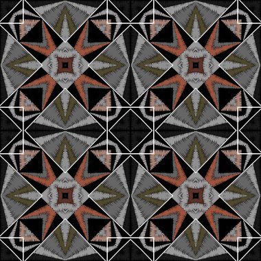 Çizgili desenli grunge vektör pürüzsüz desen. Duvar halısı geometrik modern arka plan. Nakış, soyut arkaplanı tekrarlıyor. Simetrik çizgili süsler. Nakışlı doku. Geometri dekoratif tasarımı.
