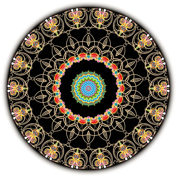 Renkli etnik vektör Paisley mandala deseni. Süslü, soyut halk arkaplanı. Dekoratif vintage arkaplanı tekrarla. Çiçekli yuvarlak süs. Geometrik şekiller, girdap çizgileri, çiçekler, daireler, çerçeve.