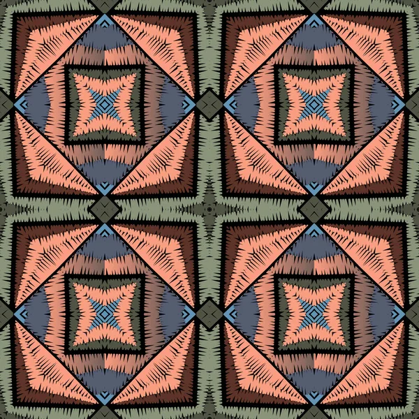 줄무늬가 Grunge 거무스름 태피스트리 기하학적 Embroidery 추상적 배경을 합니다 대칭적 — 스톡 벡터