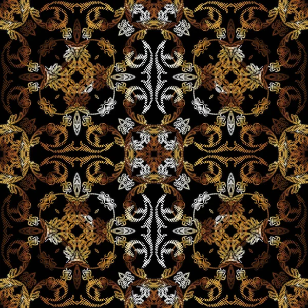 Texturierte Barocke Vektor Nahtlose Muster Bunte Florale Stickerei Hintergrund Wandteppichschmuck — Stockvektor