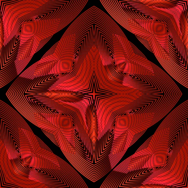 Garis merah art geometris 3d vektor pola mulus. Latar belakang hiasan bertekstur. Ulangi latar belakang modern permukaan. Garis ornamen fraktal. Desain ornamen radial simetris. Tekstur tak berujung sutra - Stok Vektor
