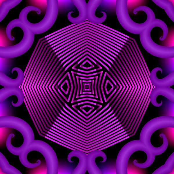 Färgglada belysta 3d vektor sömlös mönster. Blommig glödande prydnads bakgrund. Upprepa ljusa geometriska bakgrund. Vintage blommor, blad, virvlar, linjer, belysning. Vacker violett design — Stock vektor