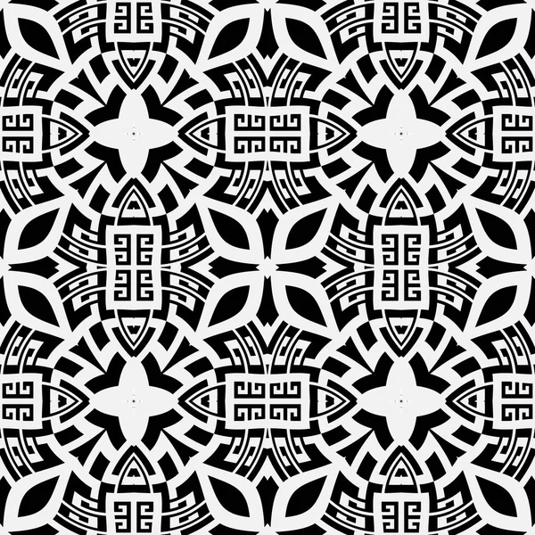 黑白阿拉伯风格矢量无缝图案.几何阿拉伯式背景。重复对称背景。希腊键弯曲部落装饰。具有抽象花朵、形状的花卉现代设计 — 图库矢量图片