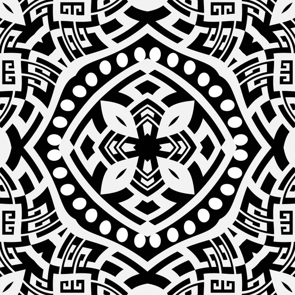 Padrão sem emenda vetorial grego preto e branco. Fundo geométrico antigo. Repita o cenário de simetria. chave grega meandros ornamento tribal. Design moderno floral com flores abstratas, formas, símbolos — Vetor de Stock