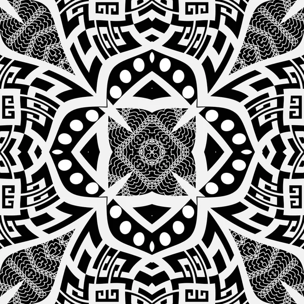 黒と白の花ベクトルシームレスパターン。幾何学的なグリッドの背景。レースの繰り返しの背景。ギリシャ語の鍵は部族の装飾品を意味する。抽象的な花、形、線、ポルカドットを持つモダンなデザイン — ストックベクタ