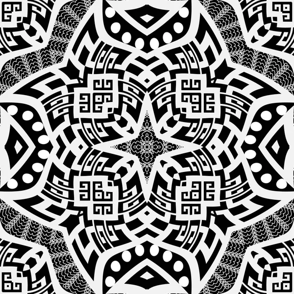 黒と白のギリシャのベクトルシームレスなパターン。幾何学的古代グリッドの背景。レースの繰り返しの背景。ギリシャ語の鍵は部族の装飾品を意味する。抽象的な花、形、線で花の現代的なデザイン — ストックベクタ