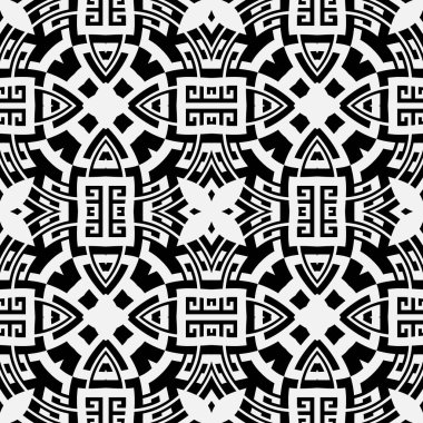 Siyah ve beyaz Yunan vektörü kusursuz desen. Geometrik antik arka plan. Simetrik arkaplanı tekrar et. Yunan anahtarı kabile süsü. Soyut çiçekleri, şekilleri ve çizgileri olan çağdaş bir tasarım.