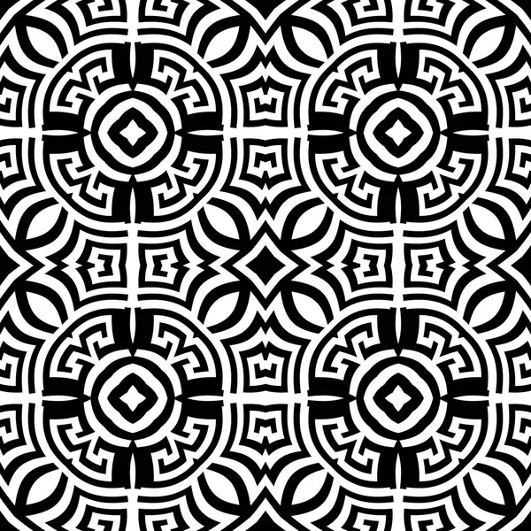 Siyah ve beyaz Yunan vektörü kusursuz desen. Geometrik antik arka plan. Simetri arkaplanını tekrarla. Yunan anahtarı kabile süsü. Soyut çiçekleri, şekilleri, daireleri olan modern bir tasarım. — Stok Vektör