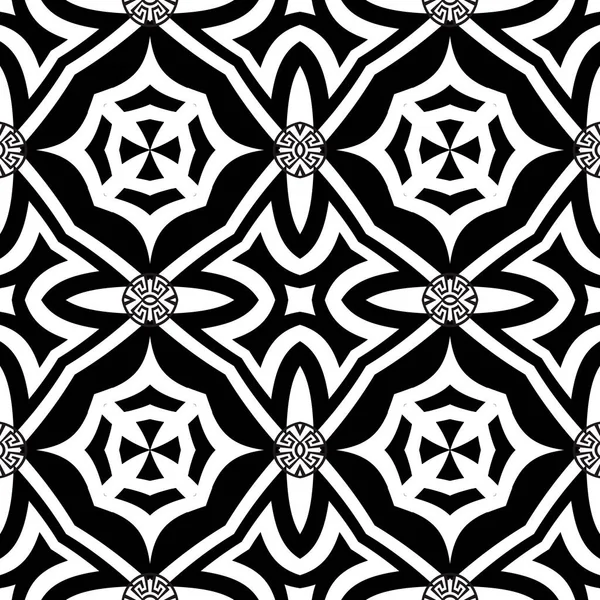 Nahtloses Muster im arabischen Stil in Schwarz und Weiß. Geometrische Arabeske Hintergrund. Wiederholen Sie die Symmetrie Hintergrund. Griechische Schlüsselmäander Stammesornament. Florales modernes Design mit abstrakten Blumen, Formen — Stockvektor