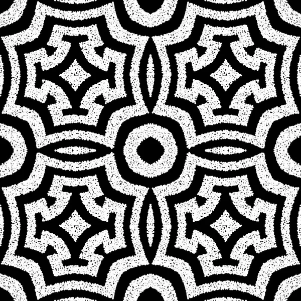 Padrão sem costura preto e branco geométrico texturizado. Fundo grunge ornamental grego. Repetir o pano de fundo. Enfeite abstracto áspero pontilhado. Design simétrico. Textura suja. Pontos, ventre — Vetor de Stock