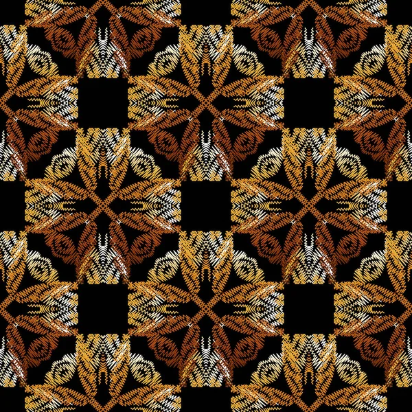 Texturizado patrón sin costura vector barroco. Fondo colorido bordado floral. Adorno de tapicería. Costura de flores de damasco, hojas, líneas en zigzag. Grunge oro ornamentos barrocos. Textura bordada — Vector de stock