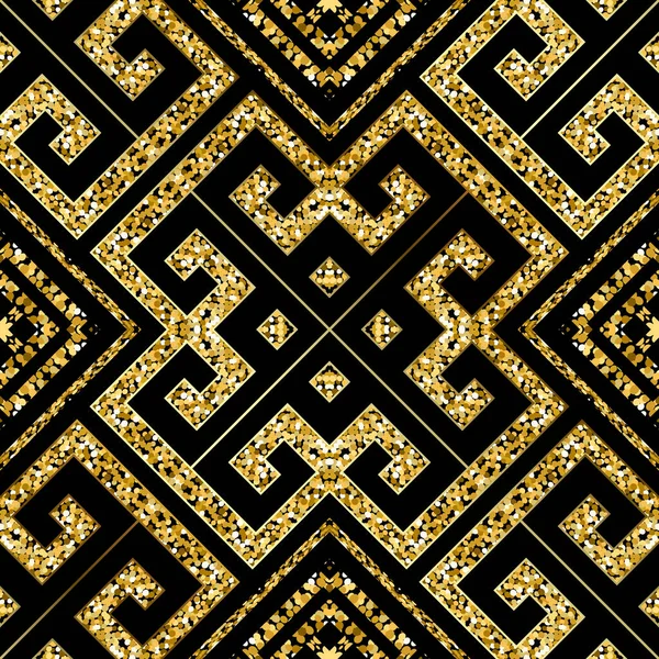 金光沢のあるギリシャのベクトルシームレスなパターン。豪華な古代のテクスチャの背景を並べ替えます。幾何学的な繰り返しグリッターパターン。ギリシャ語のキーは、金のほこり、ドット、スプレー、スポットで輝く装飾を意味します — ストックベクタ