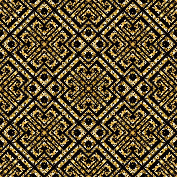 Gold glittery shiny greek vector seamless pattern. Ornate luxury ancient textured background. Geometric repeat glitters pattern. Greek key meander glowing ornament with gold dust, dots, spray, spots — Stock Vector