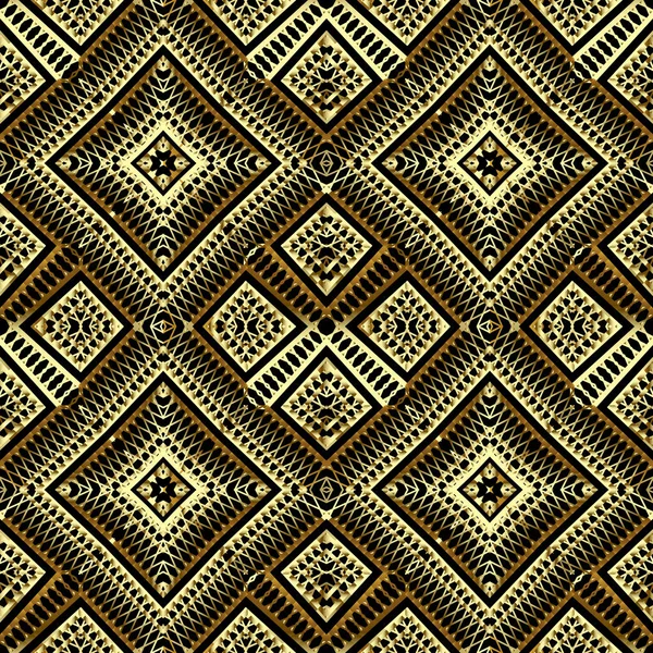 Gold 3d grid vector seamless pattern. Textured lace background. Repeat ornamental geometric backdrop. Lacy abstract surface ornaments. Decorative ornate symmetric design. Geometrical shapes, rhombus — Stock Vector