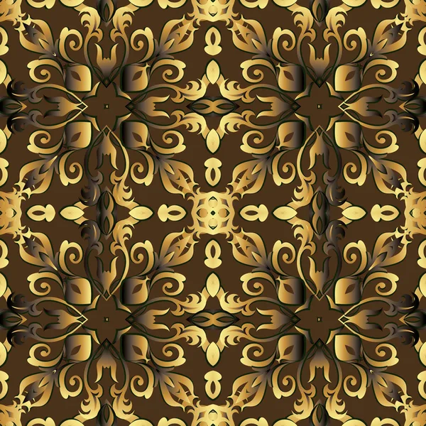 Oro 3d vintage patrón sin costura floral. Fondo vectorial de estilo barroco ornamental. Fondo adornado de flores de superficie repetidas. Adornos de damasco. Hermoso diseño de lujo. Para fondos de pantalla, tela, impresiones — Vector de stock