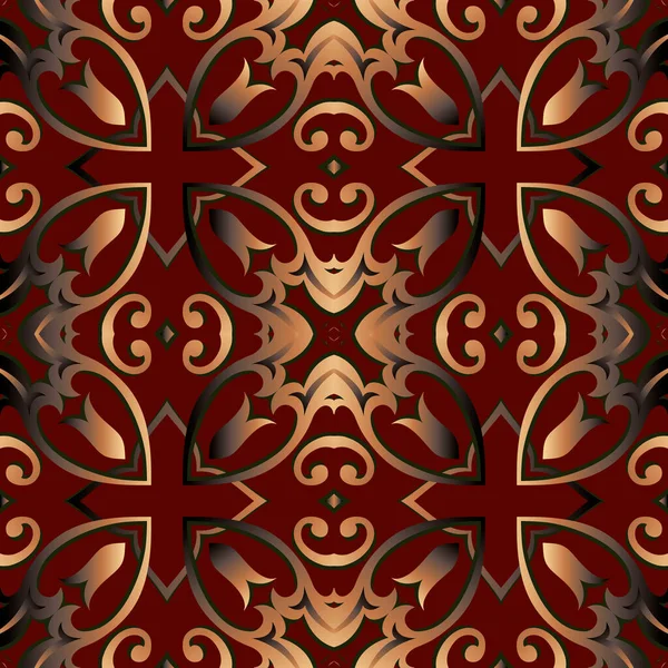 Gold 3D Vintage florales nahtloses Muster. Vector ornamentalen Barock-Stil dunkelroten Hintergrund. Ornate wiederholen Oberfläche Hintergrund. Damastschmuck. Wunderschönes Luxusdesign. Für Tapeten, Stoff, Drucke — Stockvektor