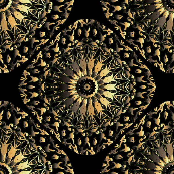 Oro 3d vintage mandalas florales patrón sin costuras. Fondo ornamental vectorial. Fondo adornado de flores doradas de superficie repetida. Adorno de damasco. Hermoso diseño de lujo. Para fondos de pantalla, tela, impresiones — Vector de stock