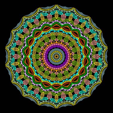 Çiçeksel renkli Yunan vektör mandala deseni. Arabesk süsleme arkaplanı. Güzel dekoratif etnik zemin. Renkli, yuvarlak bir süs. Paisley çiçekleri, yapraklar, çizgiler, girdaplar, Yunan anahtarlığı