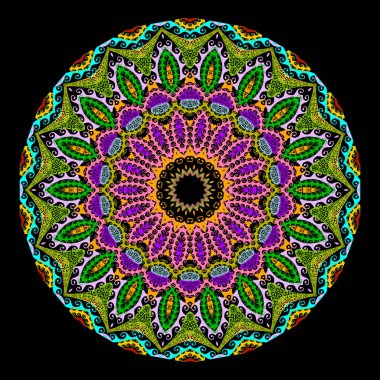 Çiçeksel renkli Yunan vektör mandala deseni. Arabesk süsleme arkaplanı. Güzel dekoratif etnik zemin. Renkli, yuvarlak bir süs. Paisley çiçekleri, yapraklar, çizgiler, girdaplar, Yunan anahtarlığı