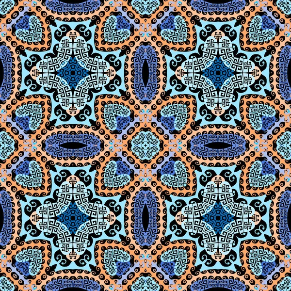 Tribal étnico floral griego vector patrón sin costuras. Fondo ornamental árabe. Hermoso telón de fondo árabe. Colorido ornamento abstracto. Flores de Paisley, olas, líneas, formas, meandros griegos clave — Vector de stock