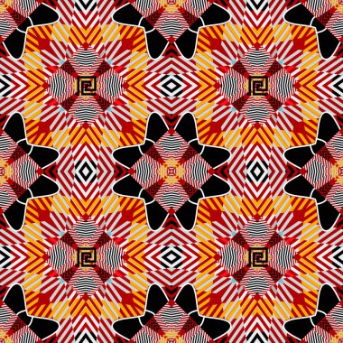 Renkli ekose desenli. Vektör desenli tartan arkaplan. Geometrik soyut yama tekrarlama arkaplanı. Çizgiler, zikzak çizgileri, kareler, eşkenar dörtgen, çerçeveler. Grunge çizgili Yunan tarzı süs.