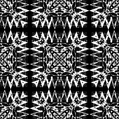 Zigzag siyah ve beyaz, geometrik, dikişsiz tartan deseni. Vektör kabile tarzı etnik kökenli. Ekose grunge soyut süs. Geometri şekilleri, zikzak çizgileri, çizgiler. Kaba, kirli doku.