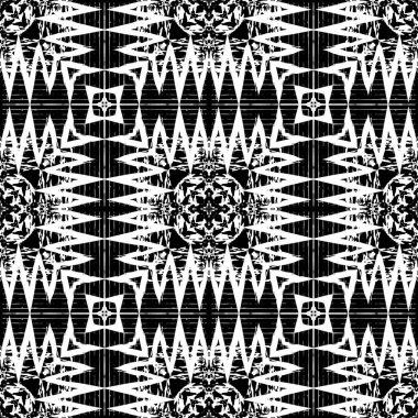 Zigzag kabilesi siyah ve beyaz geometrik kusursuz desen. Vektör etnik tarzı, dokulu arka plan. Grunge soyut zikzak süsü. Geometri şekilleri, zikzak çizgileri, çizgiler. Sert, kirli bir doku..