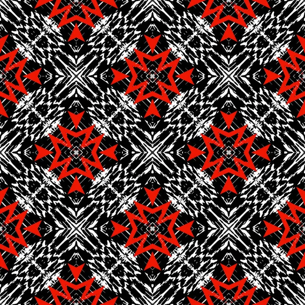 Grunge Negro Blanco Rojo Patrón Geométrico Sin Costura Vector Tribal — Vector de stock