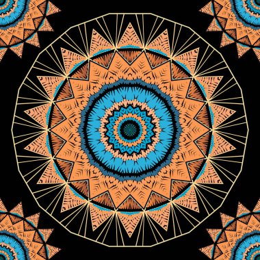 Kalıplı grunge zigzag mandalas pürüzsüz desen. Duvar halısı geometrik vektör arka planı. Nakış, soyut arkaplanı tekrarlıyor. Simetrik zig zag süsü. Nakışlı doku. Çirkin doku tasarımı.