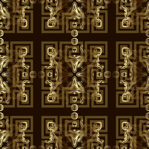 皇家金3D古董矢量无缝图案 花香的巴洛克风格背景 重复背景 现代希腊钥匙弯曲的金色饰物 方形框架 曼德勒 — 图库矢量图片