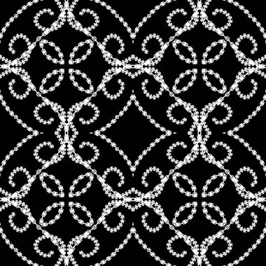 Klasik sanat eseri çiçekli Arap vektör kusursuz desen. Siyah ve beyaz süslemeli etnik altyapı. Dekoratif monokrom arkaplanı tekrarla. Arabesk süslemeleri. Noktalı çizgiler, sonsuz dizayn.