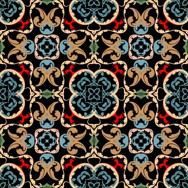 Modello senza cuciture vettoriale barocco. Ornamentale colorato Damasco sfondo. Ornamenti barocchi in stile vittoriano reale. Ripetere sfondo modellato. Fiori d'epoca, foglie, linee, bel disegno floreale — Vettoriale Stock