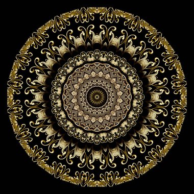 Altın rengi, Barok çiçekli mandala deseni. Vektör süsleme arka planı. Dekorasyon arkaplanı. Damask çiçekleri süs eşyası. Zigzag çizgileri, daire çerçeveleri olan güzel lüks dekoratif tasarım.