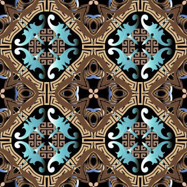 Süslü renkli Barok vektör pürüzsüz desen. Yunan anahtarlarının süsü. Soyut Şam çiçeği arkaplanı. Klasik Viktorya tarzı barok motifler. Geometrik şekiller, elementler. Modern tasarım