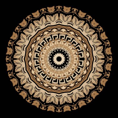 Barok tarzı yuvarlak vektör mandala deseni. Klasik Yunan tarzı süs arkaplanı. Çiçek çerçevelerini, çiçekleri, yaprakları, şekilleri çember yapın. Zarif bir süs. Güzel etnik dekoratif tasarım