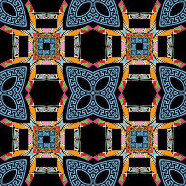 Renkli Yunan tarzı, pürüzsüz desen. Vektör geometrik arkaplan. Çiçeksel etnik arka planı tekrarla. Soyut geometrik şekiller, çiçekler, yapraklar, kareler, çerçeveler. Yunan kilit oyuncuları. Simetrik tasarım
