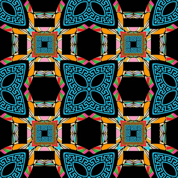 Färgglad grekisk stil sömlös mönster. Vektor geometrisk bakgrund. Upprepa blommig etnisk bakgrund. Abstrakta geometriska former, blommor, blad, rutor, ramar. Grekiska nyckel slingrar sig. Symmetrisk utformning — Stock vektor