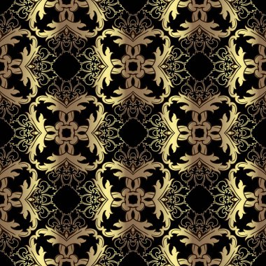 Altın rengi, çiçekli, dikişsiz Barok deseni. Vektör süsleme arka planı. Kraliyet arkaplanını tekrar edin. Damask çiçek süsü. Güzel lüks dekoratif tasarım. Duvar kağıtları, kumaşlar, baskılar için.