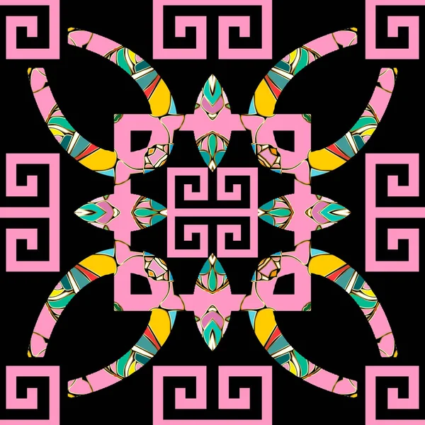 Kleurrijke Griekse stijl naadloos patroon. Vector geometrische achtergrond. Herhaal bloemen etnische achtergrond. Abstracte geometrische vormen, bloemen, bladeren, vierkanten, frames. Griekse sleutel meandert. Symmetrisch ontwerp — Stockvector