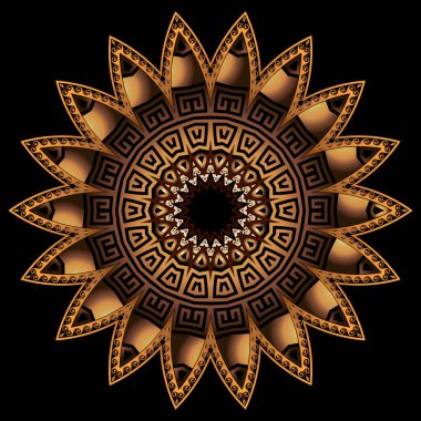 Altın 3d çiçekli Yunan mandala desenli. Süslü desenli soyut bir arka plan. Yüzey dokusu. Antik Yunan anahtarlı turuncu lüks süs. Güzel altın 3D çiçek. Zigzag tasarımı
