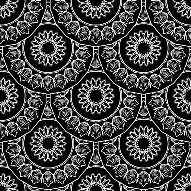 Çiçekli mandalas vektörsüz desen. Siyah ve beyaz dekoratif arka plan. Dekoratif monokrom tekrar arkaplanı. Etnik tarzda yuvarlak mandalas süsleri. Çizgi sanatı çiçekleri, daireler