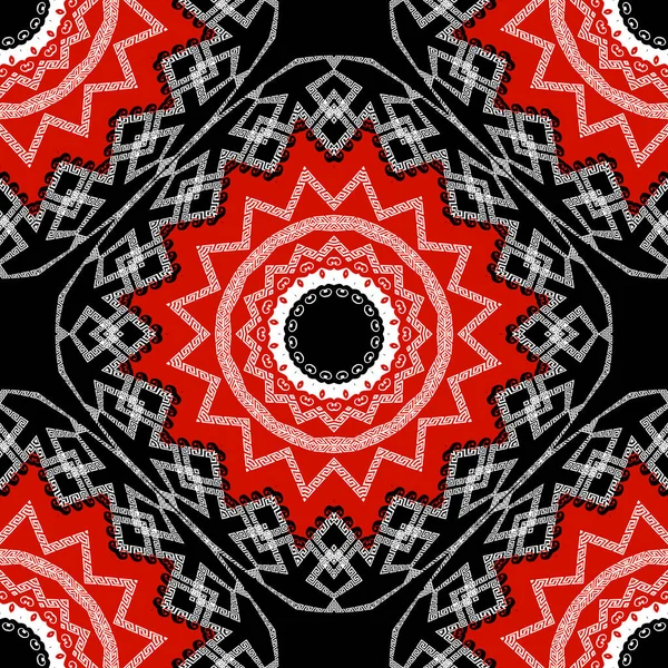 Ελληνικό διανυσματικό γεωμετρικό μανδάλας χωρίς ραφή μοτίβο. Διακοσμητικό γεωμετρικό φυλετικό φυλετικό υπόβαθρο. Πολύχρωμο αφηρημένο φόντο δαντέλας. Γεωμετρία μαύρο λευκό κόκκινο ελληνικό κλειδί μαιάνδρους ζιγκ-ζαγκ στολίδια — Διανυσματικό Αρχείο