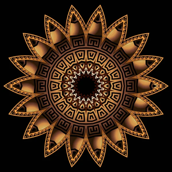 ゴールド3D花ギリシャラウンドマンダラパターン。装飾的なテクスチャ抽象的な背景。表面の質感。古代ギリシャのキーは豪華な装飾を意味します。美しい黄金の3D花。ジグザグデザイン — ストックベクタ